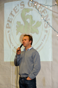 Pete Johnson addressing crowd at Pete's Greens Barn Warming